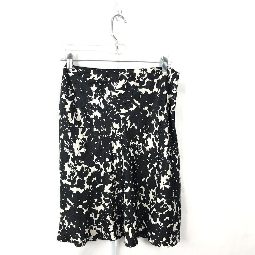 Ralph Lauren Silk Skirt Size 8 Petite Black White Floral Career Cocktail‎